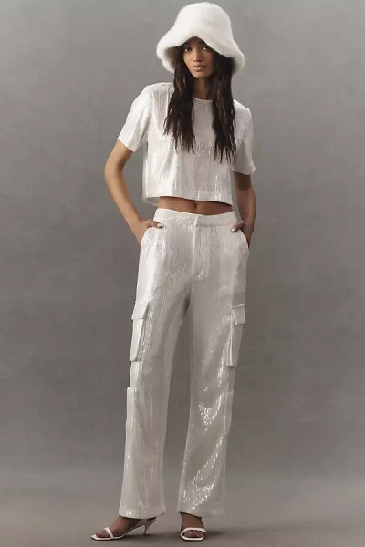 Endless Rose Sequin Low-rise Wide-leg Cargo Pants In White