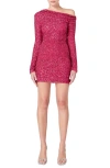 Endless Rose Sequin One-shoulder Long Sleeve Stretch Minidress In Berry