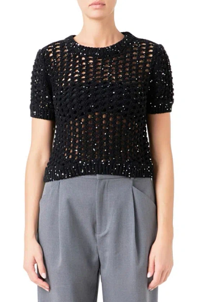 Endless Rose Sequin Open Stitch Sweater In Black