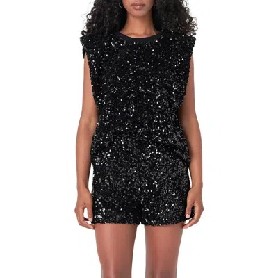 Endless Rose Sequin Padded Shoulder Velvet Top In Black