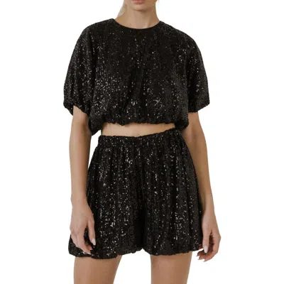 Endless Rose Sequin Puff Crop Top In Black