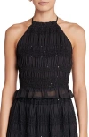 Endless Rose Sequin Shirred Open Back Chiffon Halter Top In Black