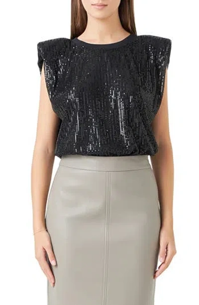 Endless Rose Sequin Shoulder Pad Top In Black