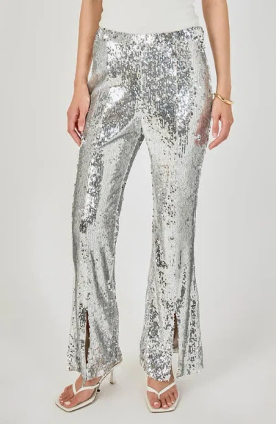Endless Rose Sequin Slit Leg Flare Pants In Silver