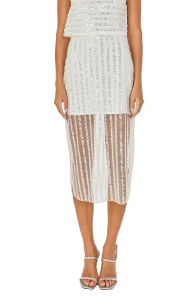 Endless Rose Sequin Stripe Mesh Midi Skirt In Off White