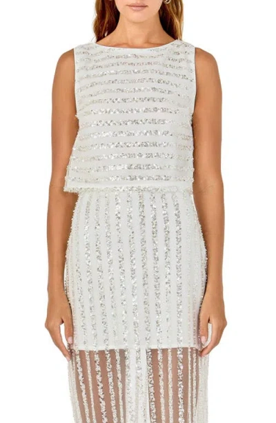 Endless Rose Sequin Stripe Sleeveless Mesh Top In White