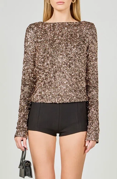 Endless Rose Sequined Long Sleeve Fitted Top In Brown