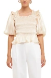 Endless Rose Sheen Smocked Blouse In Neutral