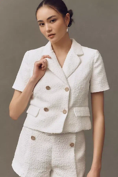 Endless Rose Short-sleeve Double-breasted Tweed Blazer Jacket In White