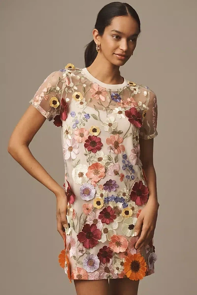 Endless Rose Short-sleeve Floral-embellished Sheer Shift Mini Dress In Multicolor