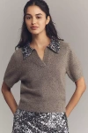 Endless Rose Short-sleeve Sequin-collar Sweater In Brown