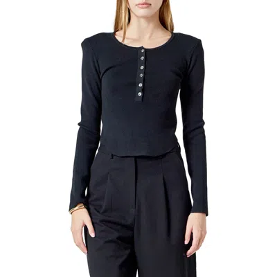 Endless Rose Shoulder Pad Rib Knit Top In Black