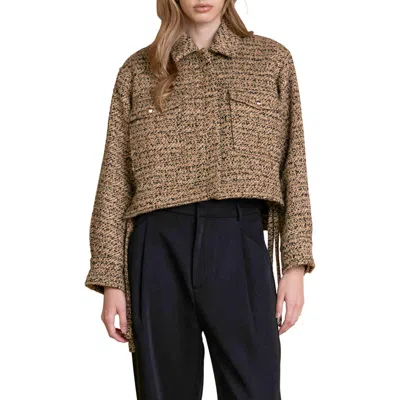 Endless Rose Side Tie Crop Tweed Jacket In Brown/black