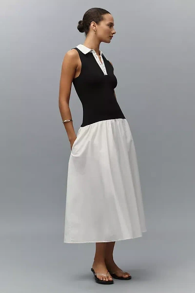 Endless Rose Sleeveless Collared Twofer Drop-waist Midi Dress In Black