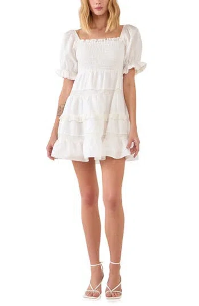 Endless Rose Smocked Cotton & Linen Minidress In White