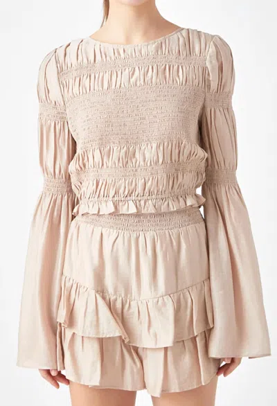 Endless Rose Smocked Top With Bell Sleeves In Beige In Neutral