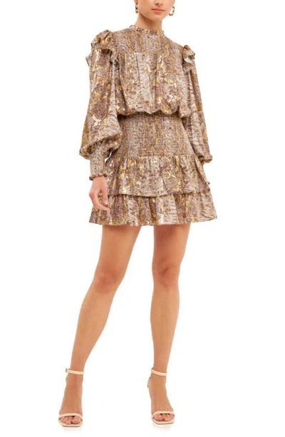 Endless Rose Snakeskin Print Smocked Long Sleeve Minidress In Gold |  ModeSens