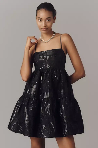 Endless Rose Metallic Floral Jacquard Tiered Minidress In Black