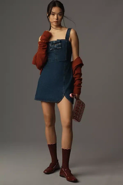 Endless Rose Square-neck Bow Denim Mini Dress In Blue