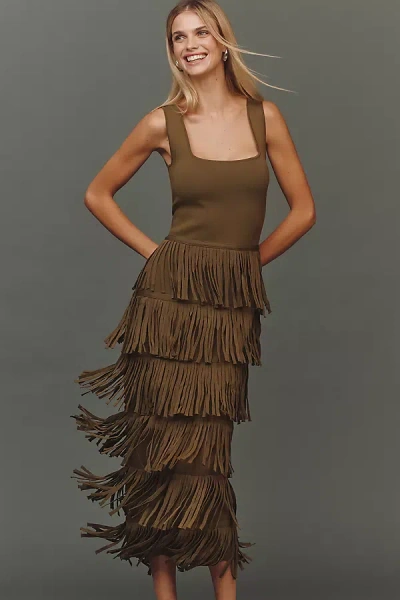 Endless Rose Square-neck Fringe Slim Maxi Dress In Green