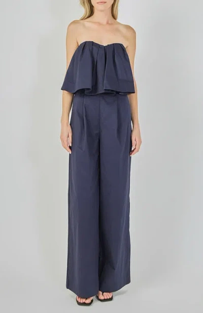 Endless Rose Strapless Pintuck Wide Leg Jumpsuit In Blue
