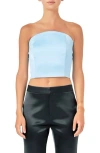 Endless Rose Strapless Satin Crop Top In Blue