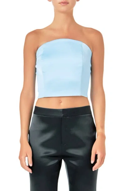 Endless Rose Strapless Satin Crop Top In Blue