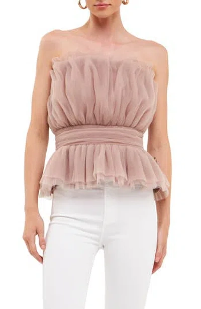 Endless Rose Strapless Tulle Peplum Top In Taupe