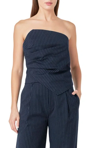 Endless Rose Stripe Asymmetric Neck Strapless Top In Navy