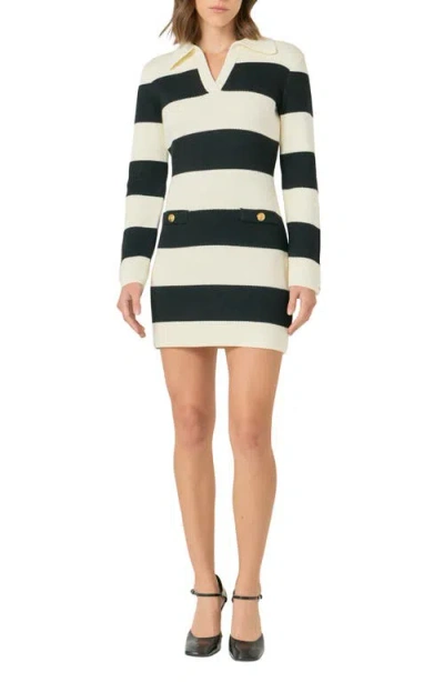 Endless Rose Stripe Long Sleeve Minidress In Ivory/black