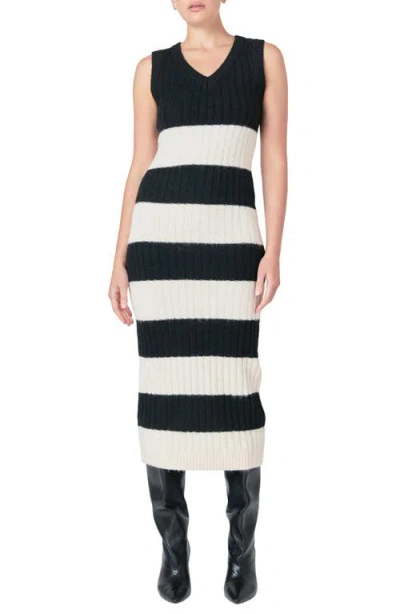 Endless Rose Stripe Midi Sweater Dress In Black/cream