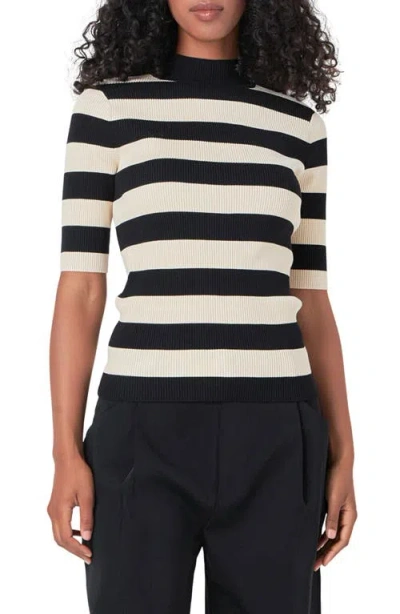 Endless Rose Stripe Short Sleeve Mock Neck Sweater In Black/nude