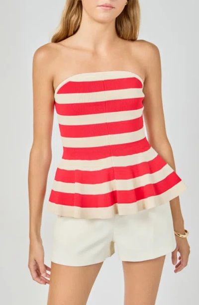 Endless Rose Stripe Strapless Knit Peplum Top In Burgundy