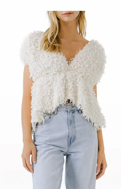 Endless Rose Textured Plunge Top In White