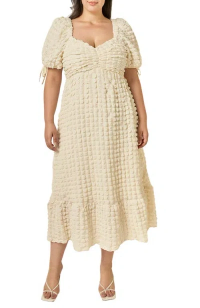 Endless Rose Textured Puffed Sleeve Midi Dress In White