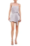 Endless Rose Tie Strap Belted Satin Romper In Silver