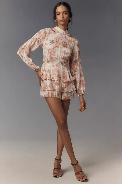 Endless Rose Tiered Mock-neck Long-sleeve Romper In Pink