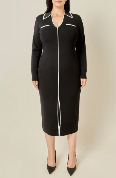 Endless Rose Tipped Long Sleeve Sweater Shirtdress In Black