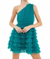 Endless Rose One-shoulder Tiered Minidress In Blue