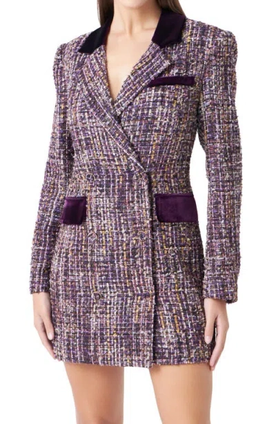 Endless Rose Velvet Trim Long Sleeve Tweed Blazer Dress In Bordeaux