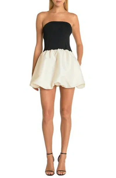 Endless Rose Voluminous Bubble Hem Strapless Mixed Media Minidress In Black