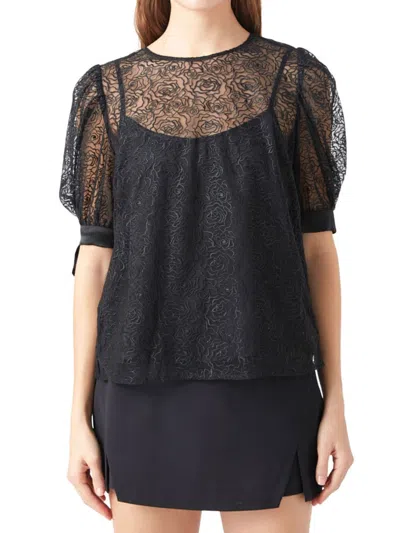 Endless Rose Women's Embroidered Puff Sleeve Satin Bow Top In Black