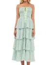 Endless Rose Women's Gridded Texture Floral Smocked Tiered Maxi Dress In Blue