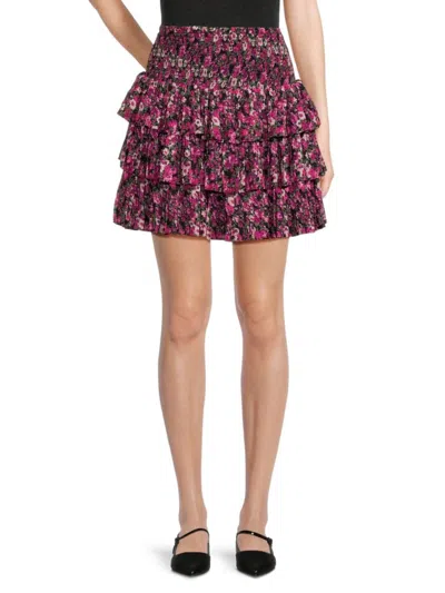 Endless Rose Women's Floral Tiered Mini Skirt In Black Fuchsia Multi