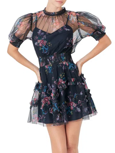 Endless Rose Women's Ruffled Mesh Mini Dress In Navy