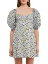 Endless Rose Floral Print Pintuck Puff Sleeve Minidress In Blue Multi