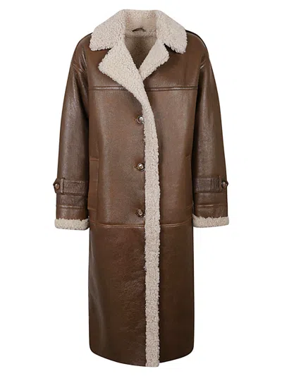 ENES CAMEL SHEARLING LONG JACKET WITH V-NECK AND DECORATIVE BUTTONS
