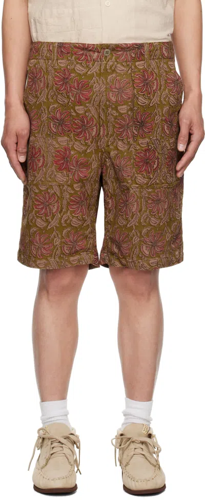 Engineered Garments Khaki & Burgundy Corduroy Fatigue Shorts In Sw021 Khaki Floral P