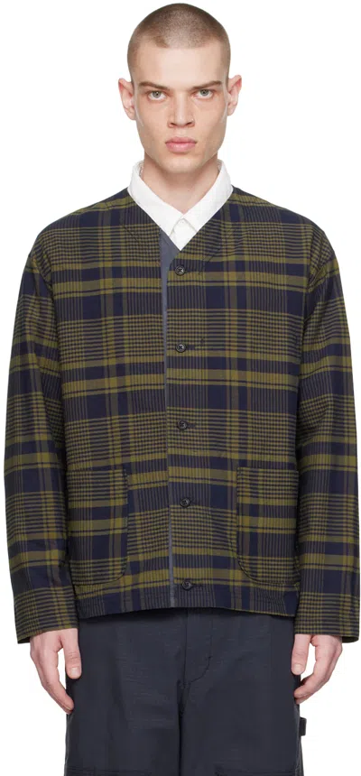 Engineered Garments Navy & Khaki Plaid Cardigan In Es062 Navy/olive Cot