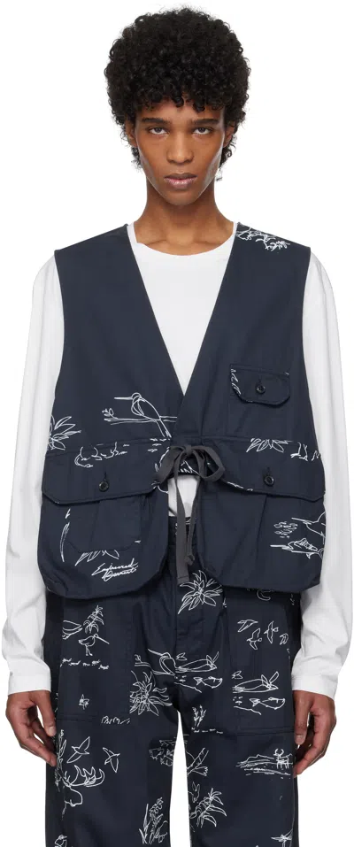 Engineered Garments Navy Fowl Vest In Ct285 B - Navy Anima